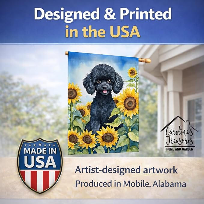 Caroline's Treasures DAC6137CHF Black Poodle in Sunflowers House Flag Large Porch Sleeve Pole Decorative Outside Yard Banner Artwork Wall Hanging, Polyester, House Size, Multicolor
