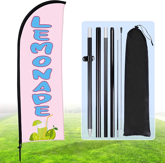 Buryeah Lemonade Feather Flag for Business Advertising 7x5.4ft Feather Flag Sign with Flagpole Ground Stake Portable Bag Lemonade Themed Banner with Rope for Outside Garden Business Party (Pink)