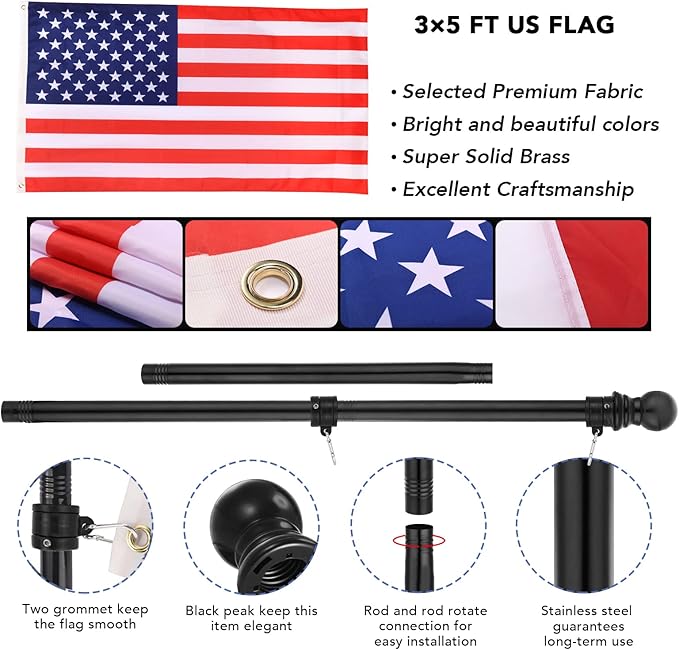 Yeesun Flag Pole for House with 3x5 American Flag, 6 FT Wall Mount with Bracket for Home Porch,Outdoor Deco.Residential or Commerical Tangle Free Flag Pole Kit (Black)