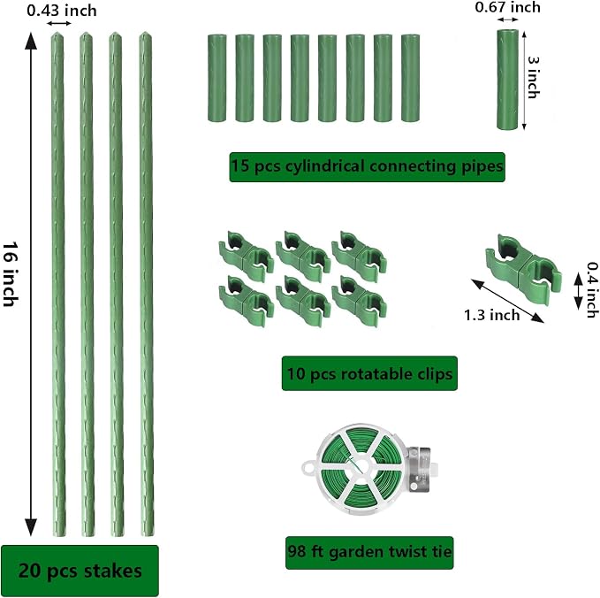 Garden Stakes Kit, 20 Sets 16 inch 0.43" in Diameter Steel Plant Stick Support (with Accessories Total 46 pcs), DIY 3ft 4ft 5ft 6ft 7ft Sturdy Tomato Stakes for Indoor & Outdoor Gardening Supplies