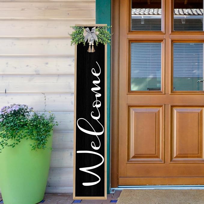 Welcome Cursive Sign for Front Porch Standing 45"X9" Tall Large Vertical Leaner Wood Framed Outdoor Wall Decor (Wood Black)