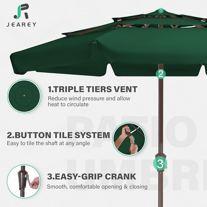 JEAREY 3 Tiers 9 FT Patio Umbrellas Outdoor Table Umbrella with Push Button Market Umbrella 8 Sturdy Ribs UV Protection Waterproof for Garden,Dark Green