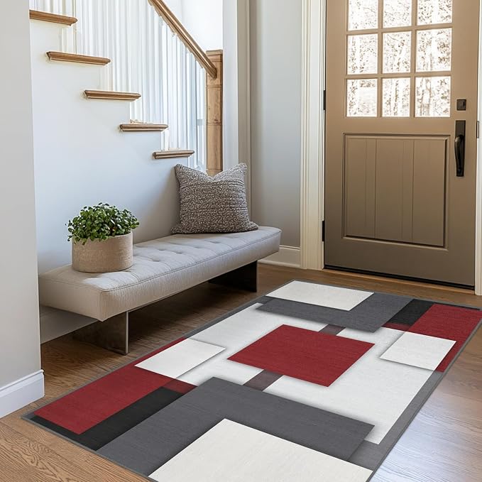 Red and Black Area Rug 3x5 for Bedroom Geometric Mid Century Rug | Washable Modern Rugs Low Pile Non-Slip Abstract Floor Carpet for Kitchen Living Room Dining Room Bedroom Entry