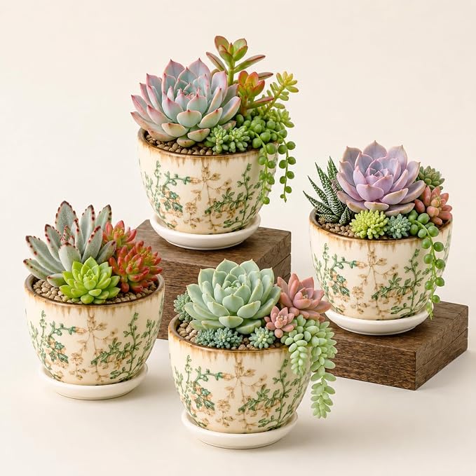 Ceramic Plant Pots, Nursery Pots with Drainage Hole, 3.5 Inch Succulent Pots for Plants, Small Indoor Flower Pots, Modern Decorative Planters for House Plants, Garden Planters, White Green