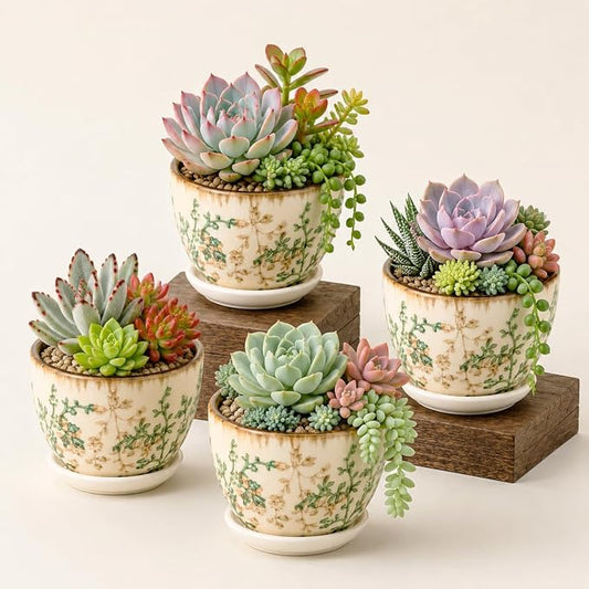 Ceramic Plant Pots, Nursery Pots with Drainage Hole, 3.5 Inch Succulent Pots for Plants, Small Indoor Flower Pots, Modern Decorative Planters for House Plants, Garden Planters, White Green
