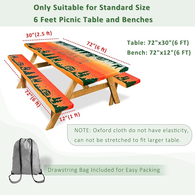 Picnic Table Cover with Bench Covers Camping Essentials Reusable Waterproof Windproof Camping Tablecloth Fitted Rectangle Tables and Seats, 72in, Blue Red Camping