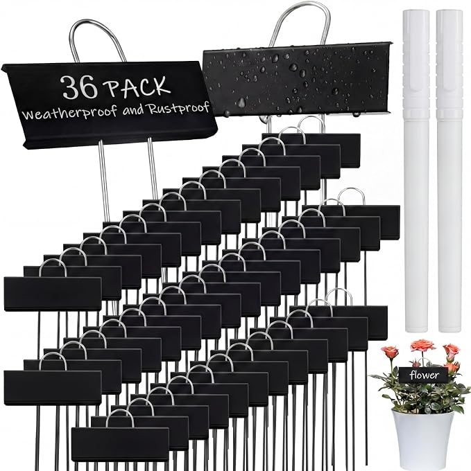 Maitys 38 Pcs Metal Plant Labels Garden Markers Outdoor Weatherproof 10.6 Inch Stainless Steel Nursery Tags Reusable Bulk with Pens for Flower Fruit Vegetable Seedling (Black Label with White Ink)