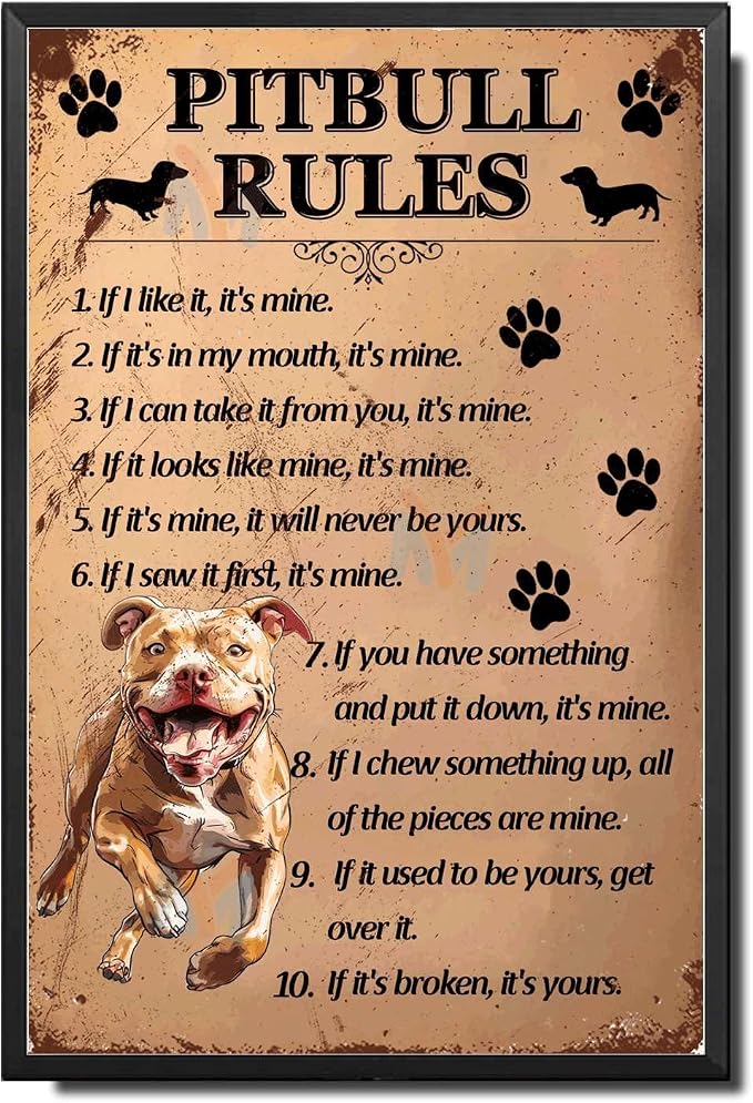 Metal Sign Tin Sign Vintage Wall Art Pitbull Rules Funny Sign for Bar 6×8 Inches with Metal Frame