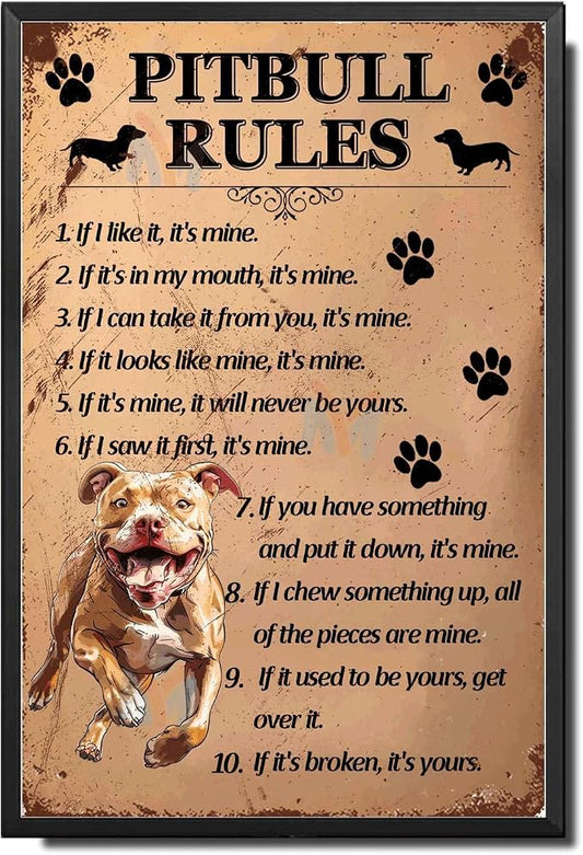 Metal Sign Tin Sign Vintage Wall Art Pitbull Rules Bathroom Signs Decor for Bar 8×12 Inches with Metal Frame