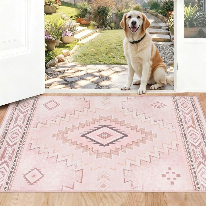 Yinhua Pink Rug 2x3 Non Slip, Western Washable Rug Low-Pile | Soft Moroccan Door Mat Indoor Entrance with Rubber Backing, Stain Resistant Aztec Small Rugs for Bathroom Kitchen Hallway