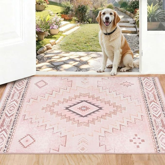Yinhua Pink Rug 2x3 Non Slip, Western Washable Rug Low-Pile | Soft Moroccan Door Mat Indoor Entrance with Rubber Backing, Stain Resistant Aztec Small Rugs for Bathroom Kitchen Hallway