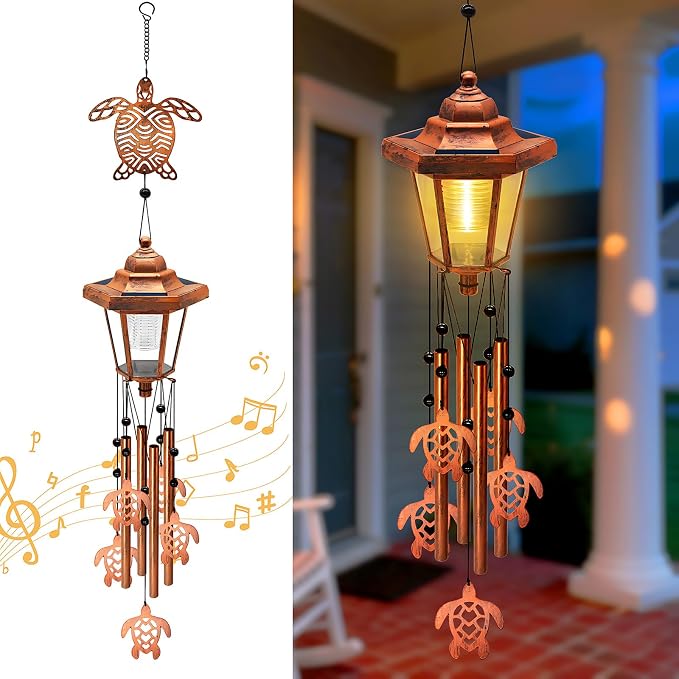 Large Solar Turtle Wind Chimes, Gifts for Women Mom Grandma Wife Sister Daughter Neighbor, Classic Bronze Wind Chimes with Wind Catcher, Solar Decor Lights for Outdoor Garden Patio Yard Porch Window