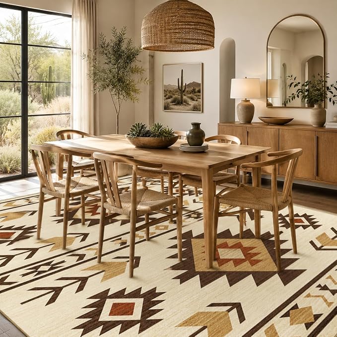 Western Area Rug 3x5 for Living Room Bedroom, Southwestern Aztec Tribal Area Rugs Southwest Navajo Machine Washable Rug Non-Slip Printed Low-Pile Floor Carpet for Kitchen Bathroom, Camel