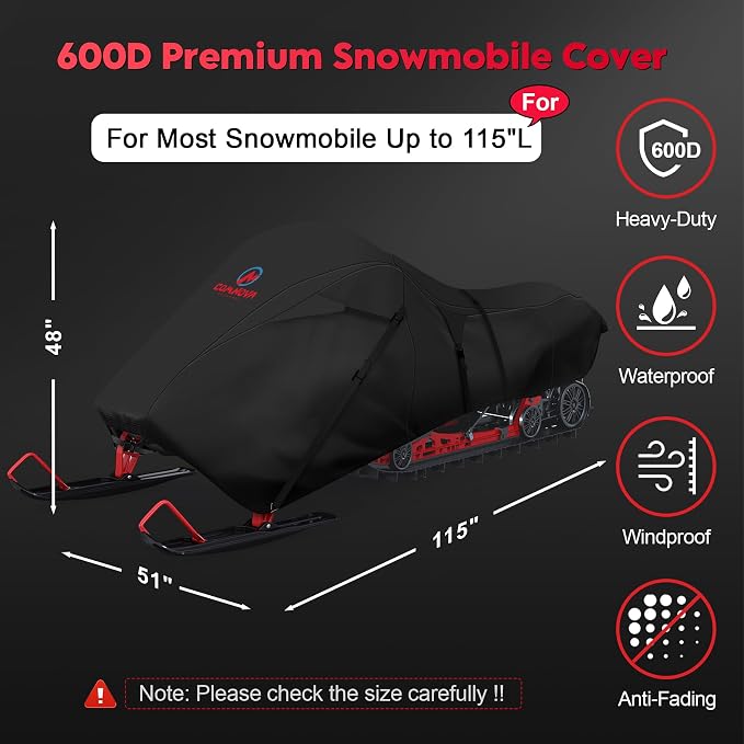 Comnova Snowmobile Cover 115 Inch - Premium 600D Outdoor Snowsled Cover, Heavy Duty & Waterproof All Weather Protection Covers, Black, Fit Up to 115"L Snowmobile