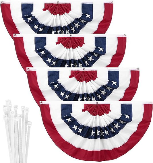 4 Pack American Fan Bunting for Outside 1.5 x 3 Ft American Pleated Fan Flag American Flag Bunting Patriotic Decorations Bunting Flags for Outdoor Yard Party,Memorial Day Decorations Flags with Zip Tie