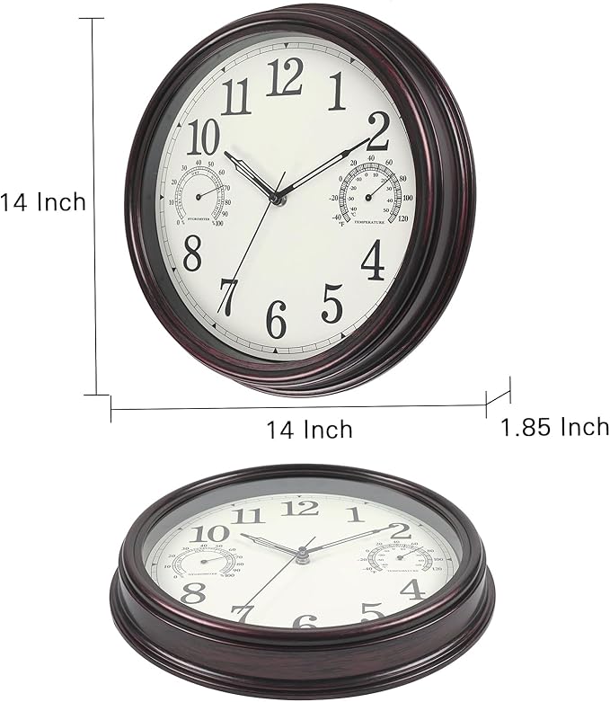14 inch Outdoor Wall Clock, Plastic Waterproof Wall Clock with Temperature, Water Resistant Outdoor Clocks for Patio Garden