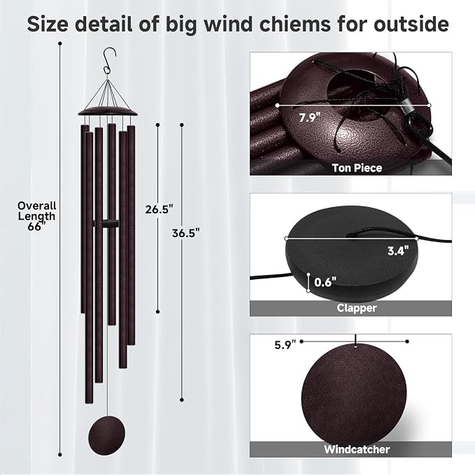 66" Extra Large Wind Chimes for Outside Deep Tone, 6 Thick and Bold Aluminum Tubes Tuned Relaxing Melody Wind Chime, Big Wind Chimes for Garden Patio Decor, Great Gift Idea for Mother's Day (Bronze)
