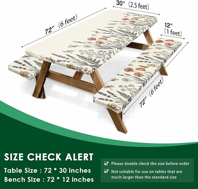 Picnic Table Cover with Bench Covers Elastic Edges, Botanical Camper Fitted Table Cover, Outdoor Camping Essentials 72 Inch 3PCS, Waterproof Camping Fitted Tablecloth with Drawstring Bag