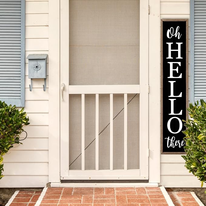 Oh Hello There Outdoor Welcome Sign For Front Porch Standing 45"X9" Large Rustic Farmhouse Vertical Tall Long Wooden Framed Outside Front Door Home Wall Decoration (Wood Black)