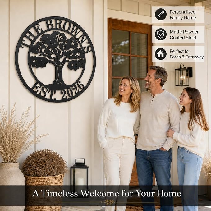 Personalized Tree of Life Metal Sign, Oak Tree Family Monogram Wall Decor, Custom Split Letter Name Plaque for Front Porch Garden Patio, Last Name Sign, Dad Gift