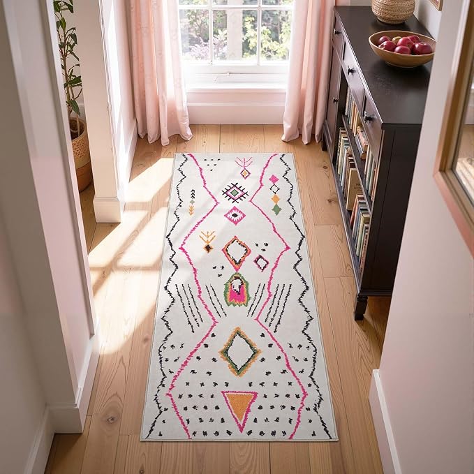 jinchan 2x5 Runner Rug Hot Nerd Boho Geometric Washable Hallway Rug, Beige | Tribal Inspired, Diamond Motifs, Artistic Lines, Washable, Soft Touch, Non-Slip, Low Pile, Hallway, Kitchen, Bedroom