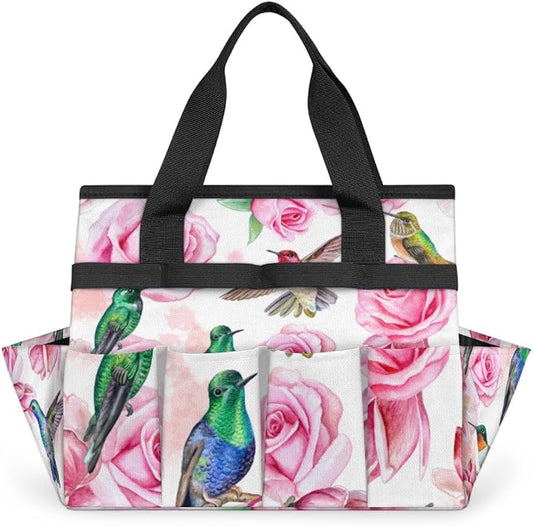 Hummingbird Flower Rose Garden Tool Bag Waterproof Gardening Tool Storage Bag with Handle & 10 Pockets Gardening Tote Bag for Women Garden Tool Organizer