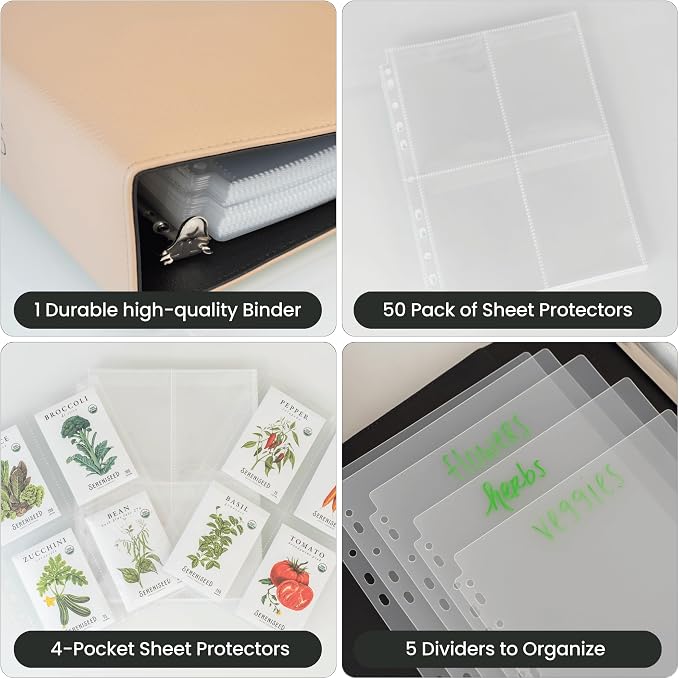 Seed Storage Binder – Garden Seed Organizer with 50 Sheet Protectors, 5 Dividers & Flap-Top Inserts - Stores 200 Seed Packets - Seed Saver Binder for Gardeners