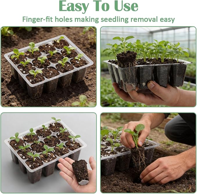 RooTrimmer 60 Pack Reusable 12-Cell Clear Seed Starter Trays - Extra Large Drainage Holes, Easy to Repotted, Clear Transparent Tray for Root Observation, Seed Starting, Fits Standard 1020 Trays