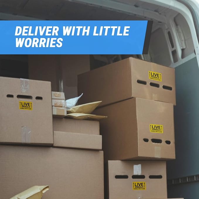 Live Animal Labels (3 x 2 Inch, Yellow - 300 Labels) Animal Care Stickers - Handle with Care for Shipping & Handling Instructions, Shipping Live Animals & Airline Cargo Crates