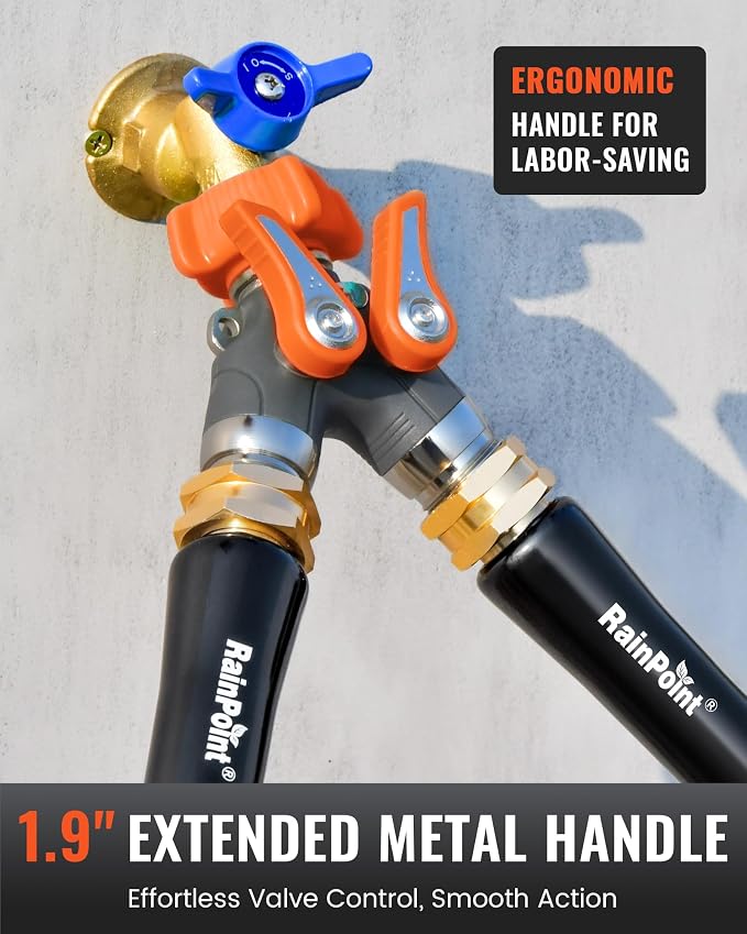 RAINPOINT Garden Hose Splitter 2 Way Heavy Duty, Water Hose Y Spigot Splitter with Shutoff Valves,100% Metal Body Water Hose Connector with Shut-Off Valve, 1.9" Metal Handle, 3/4" GHT Thread(Orange)