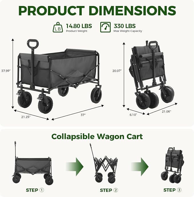 OLIXIS Collapsible Wagon 102L Standard Heavy Duty Utility Folding Wagon Cart with Lockable Brake Wheels – 330 lbs Weight Capacity, Flexible Handle for Beach, Grocery, Camping, Sports & Garden, Gray