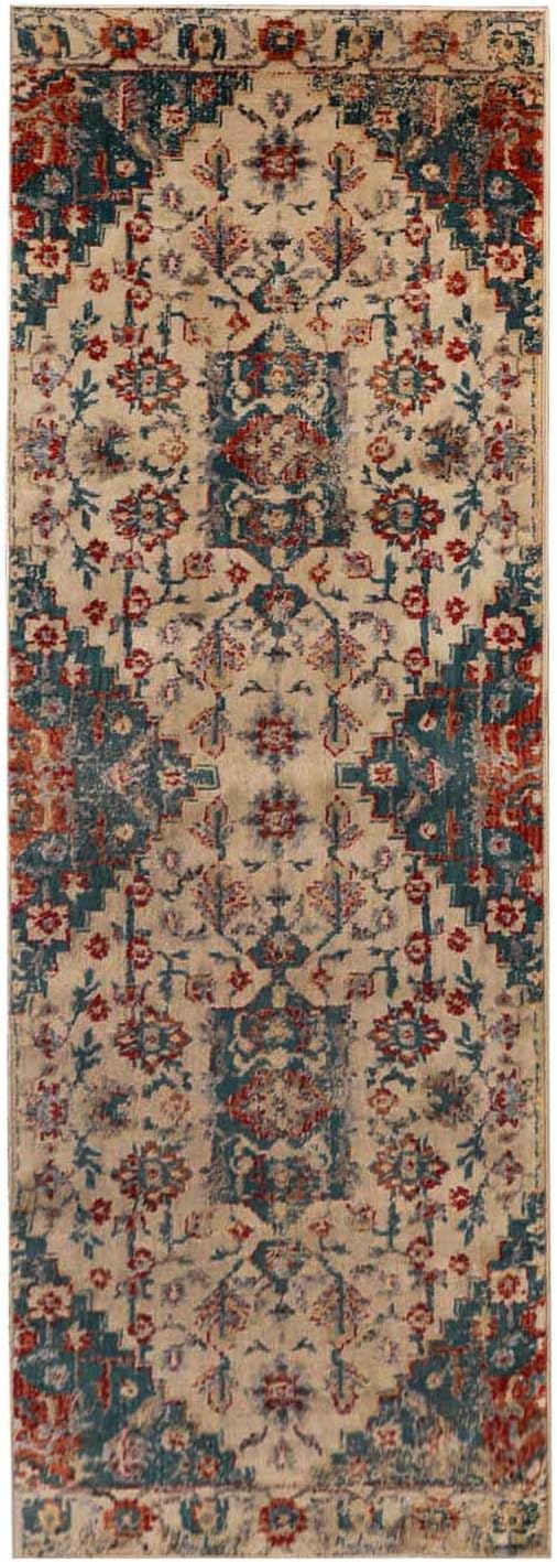 Superior Indoor Area Rug or Runner, Patchwork Rustic Leaves Floor Decor, Soft Plush Rugs for Living Room, Kitchen, Dining, Aesthetic Home Accessories, Zelder Collection 2ft 7in x 8ft - Ivory-Teal