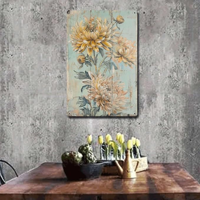 Metal Sign Tin Sign Vintage Wall Art Shabby Chic Chrysanthemum Tin Sign for Rustic Wall Decor Autumn Themed Interiors and Easy to Inst Tin Sign Gift for Restaurant 12×16 Inches