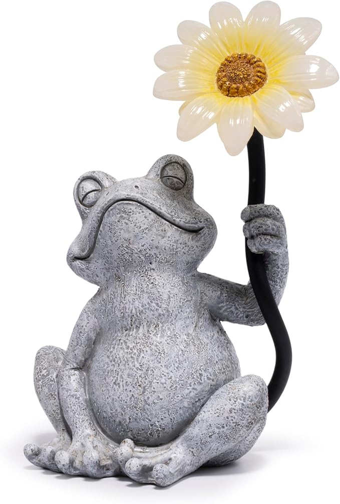 basen Solar Frog Garden Statue with Sunflower Light, Outdoor Solar Frog Figurine Decor for Yard Lawn Patio, Resin Frog Sculpture with LED Solar Lantern for Garden Landscape Ornament