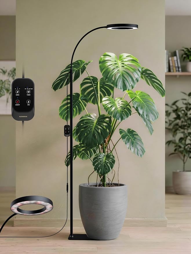 GLOWRIUM Grow Lights for Indoor Plants, Full Spectrum LED Grow Light Floor Lamp with Stand Adjustable Height and Angle, Black Plant Light with 3/9/12H Grow Light Timer (Black, Single Head)