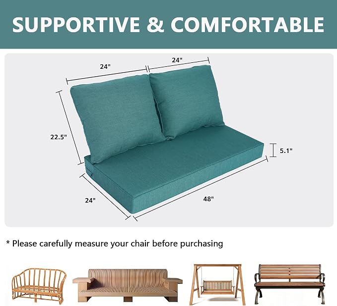Goodgoods 48 x 24 Outdoor Loveseat Cushion Set, 1000+Hours Fade-Resistant & Water-Resistant Outdoor Furniture Chair Cushions with 35D High-Resilience Foam for Couch, Bench, and Swing, Malachite