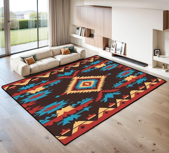 9x12 Area Rugs for Living Room Native American Southwest Aztec Navajo Seamless Pattern Tribal Washable Large Area Rug for Bedroom Non Slip Outdoor Carpets Soft Mats Kitchen Home Office Decor