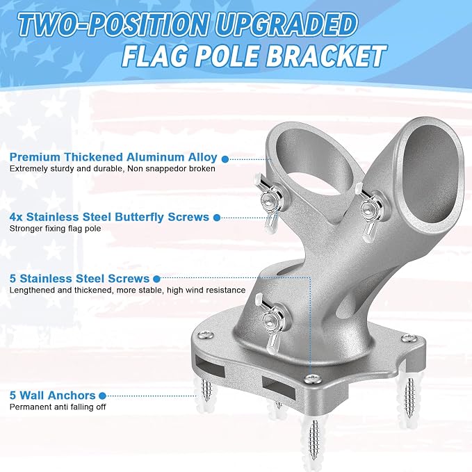 Flag Pole Holder for Outside House, REERON 2-Positions Metal Flagpole Brackets Mount, 1" Aluminium Rustproof Flag Pole Wall Porch Mounting Bracket with 3 Fixed Holes & Steel Hardwares (Silver-2 Pack)