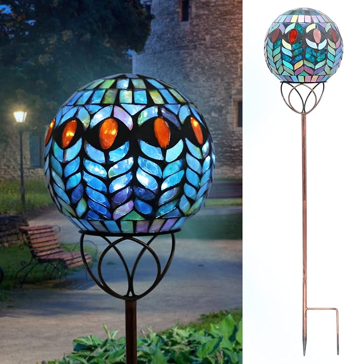 VCUTEKA Decorative Solar Garden Lights, 6" Mosaic Globe Outdoor Stake | Mosaic Glass Design with Solar Light, Weather Resistant, Auto On/Off and Metal Stake Design For Lawn and Patio, Red & Blue