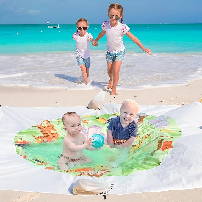 6.6 X 6.6 Ft Baby Beach Pool, 2 in 1 Portable Kids Beach Play Pool Puddle Toddler Beach Blanket and Kiddie Pools Green Cartoon Childs Sand Pit Paddling Pools with Water Bag for Boys Girls Outdoors