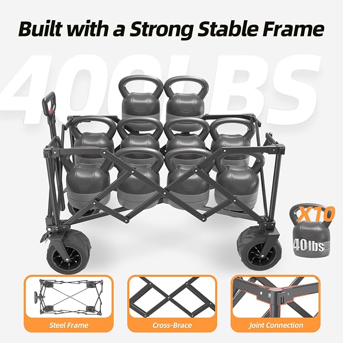 EchoSmile Collapsible Folding Wagon Cart with Compact Storage - 400Lbs Capacity All Terrain Utility Cart for Camping, Beach, Grocery, Garden,Orange