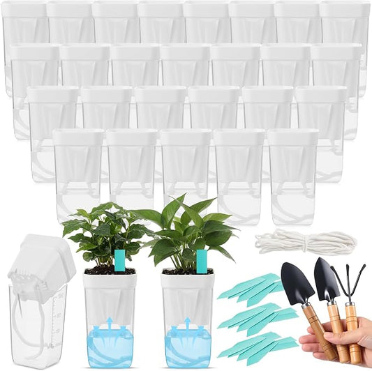 30 Pack 2" Small Self Watering Pots for Indoor Plants Clear Mini Self Watering Plant Pot with Water Level, Drainage Holes 30 Plastic Label 3 Planting Tools, Rope for Propagation Succulents