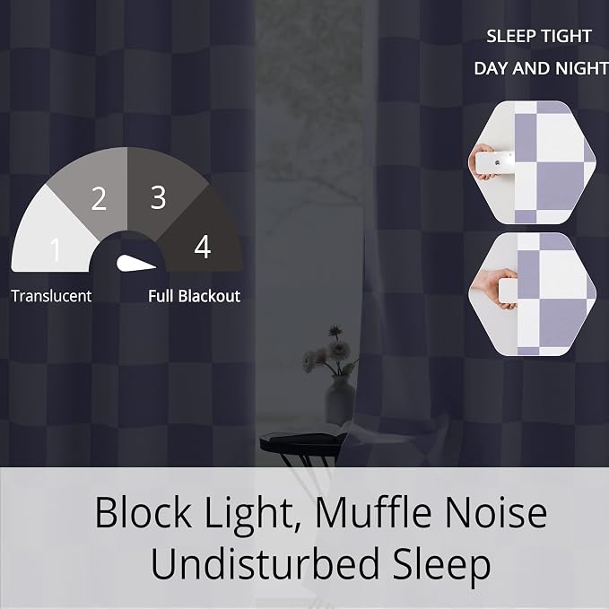100% Blackout Checkered Curtains – 2 Panels, Each W52×L63, Thermal Insulated, Nosie Reducing for Bedroom, Modern Lilac and White Checkerboard Design for Girl's Room