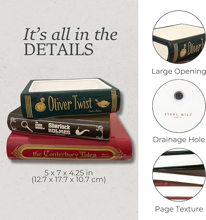 Steel Mill & Co Original Small Book-Shaped Decorative Planter, Ceramic Planter for Home Decor, Bookshelf Decor, or Father's Day (Oliver Twist/Sherlock Holmes/The Canterbury Tales)
