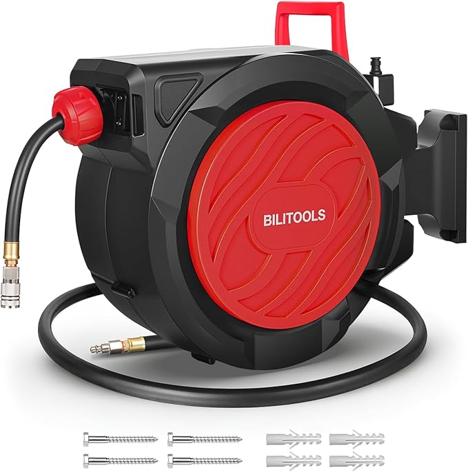 BILITOOLS Retractable Air Hose Reel, 3/8" x 100 ft Hybrid Air Hose Max 300PSI, Enclosed Air Compressor Hose Reel with Auto Rewind & 6.5 ft Lead-In Hose, 180° Swivel Wall/Ceiling Mount