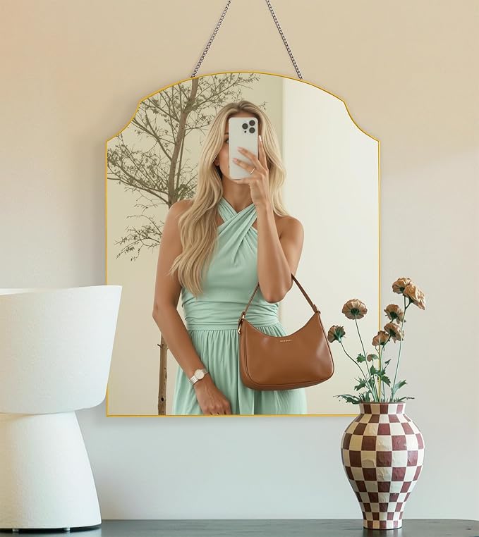 Gold Clipped Arch Wall Mirror 14" x18" - Vintage Hanging Mirror with Chain, Decorative Brass Mirror for Entryway, Bathroom, Bedroom&Living Room, Small Antique Gold Wall Mirror