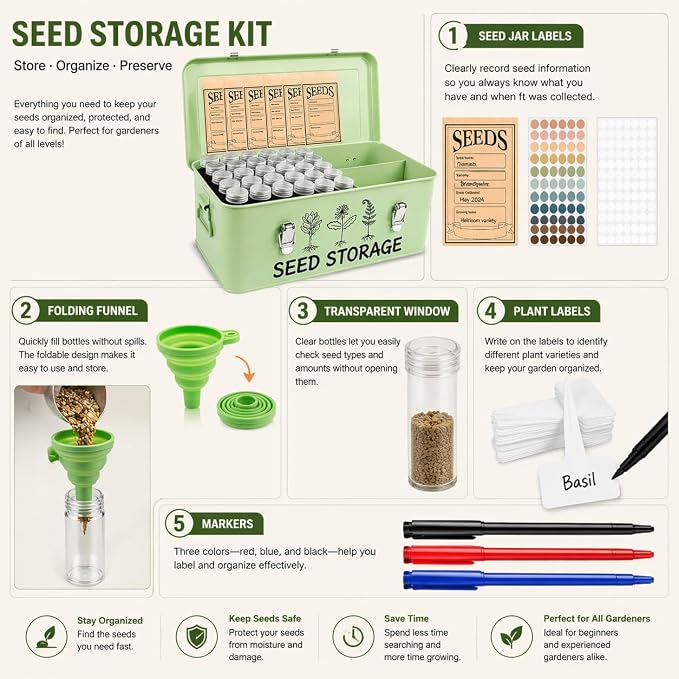 Seed Storage Box – Metal Seed Packet Organizer with Garden String and Bamboo Plant Labels. Seed Container Storage delivering complete Seed Saving Organization for every Garden Lover.