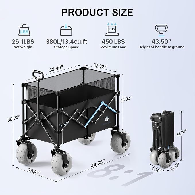 Beach Wagon with Big Wheels for Sand, 450LBS Heavy Duty Foldable Wagon Cart | 9" All-Terrain Inflatable Tires, Adjustable 200L–380L Capacity, Ideal for Groceries, Camping & Sports