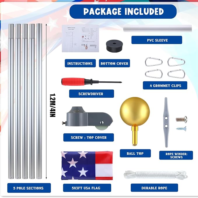 FuWeave Flag Poles for Outside House in Ground 20 ft Sectional Flag Pole Kit Extra Thick 16 Gauge Heavy Duty Aluminum Flag Pole with Gold Ball Top for Residential or Commercial(Silver)
