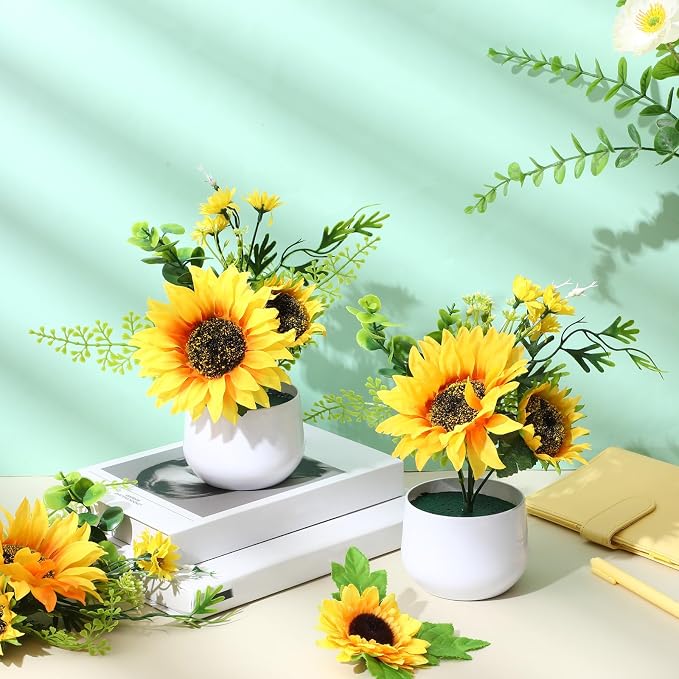 Zeyune 8 Pcs Sunflower Potted Plants Rustic Summer Spring Kitchen Wedding Table Centerpieces Silk Yellow Fake Flower with Plastic Pot for Home Bathroom Office (Classic,Sunflower)